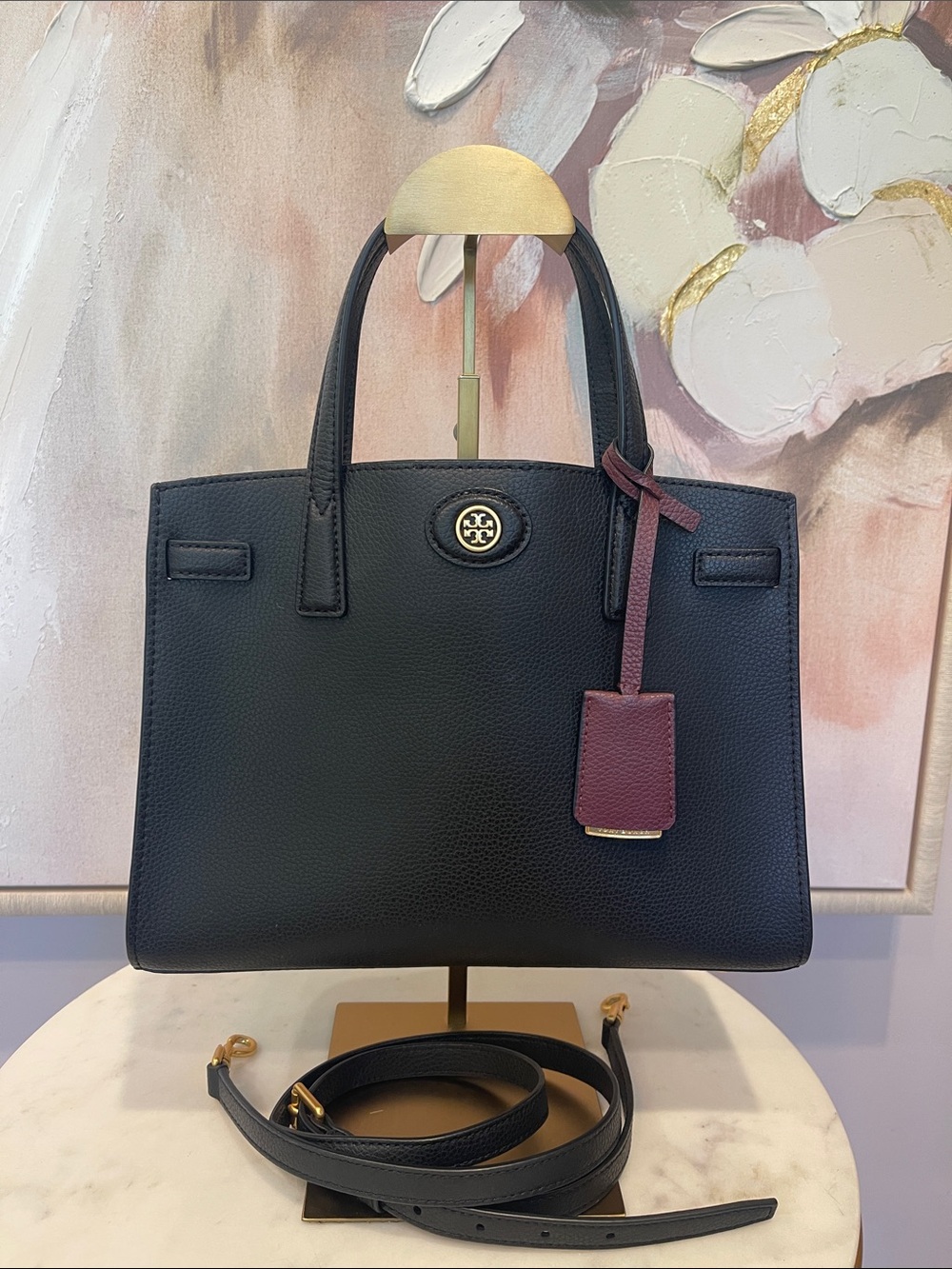 Tory Burch Black Leather Satchel with Burgundy Tag